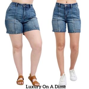 Judy Blue High Rise Denim Mid-Length Enevlope Pockets Slim Fit Jean Shorts